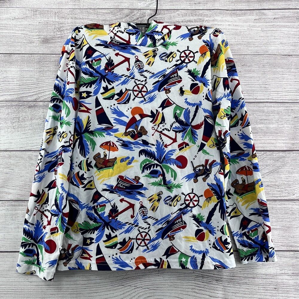 Polo‎ Ralph Lauren Polo Shirt Bear Tropical Island Hoodie Long Sleeve Sz M 10-12